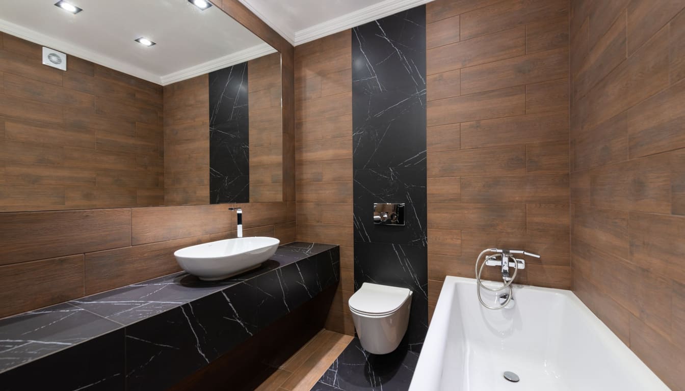 Moderne badkamer met ligbad, wastafel en hoogwaardige afwerking in hout en natuursteen