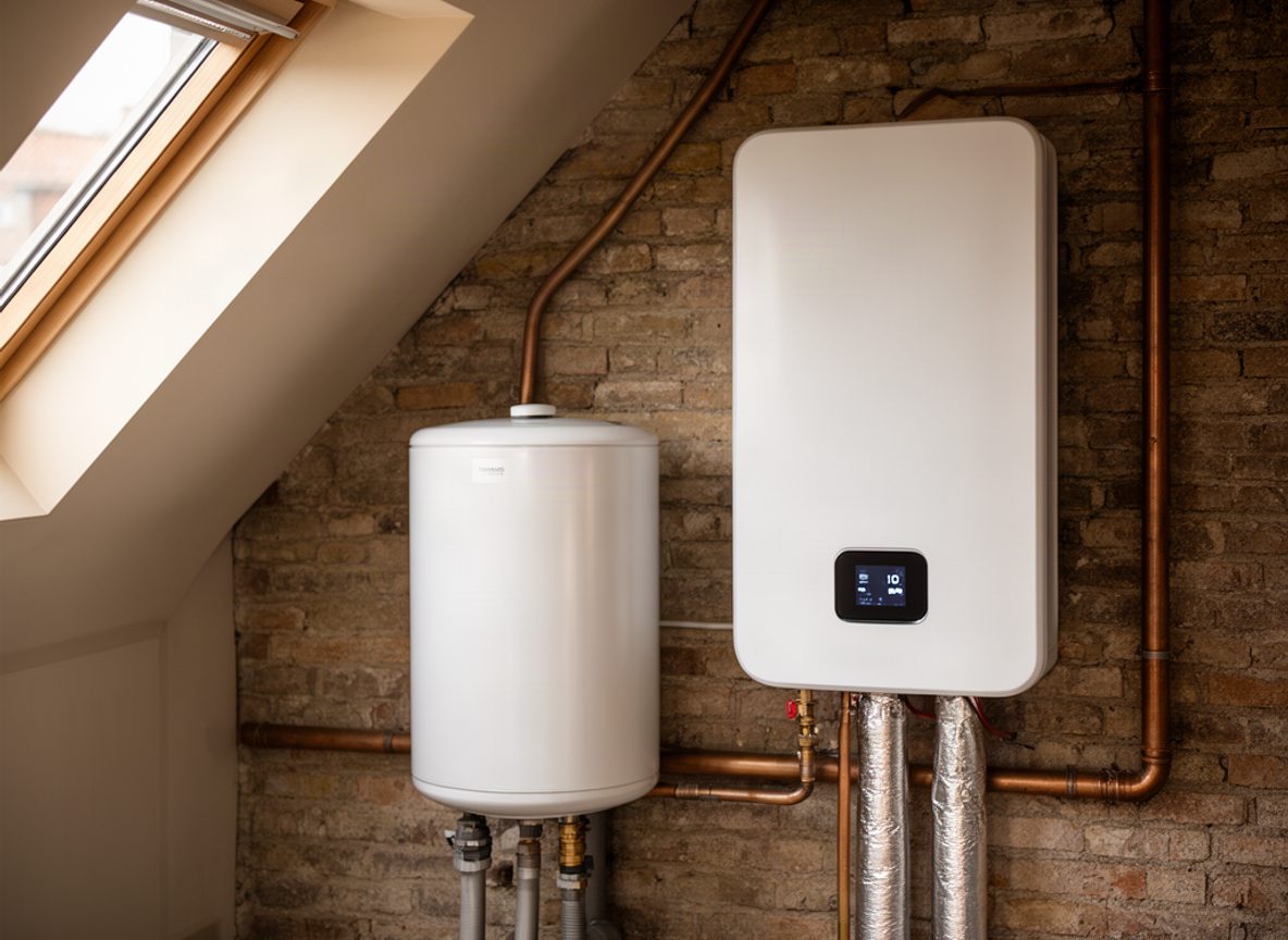 Moderne warmtepomp-binnenunit op zolder — sfeerbeeld