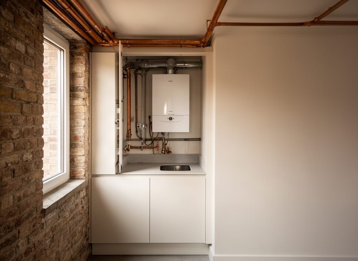 Compacte wandketel in een keukenkast — sfeerbeeld